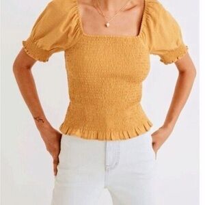 Madewell Lucie Puff-Sleeve Smocked Bodice Top Size Small